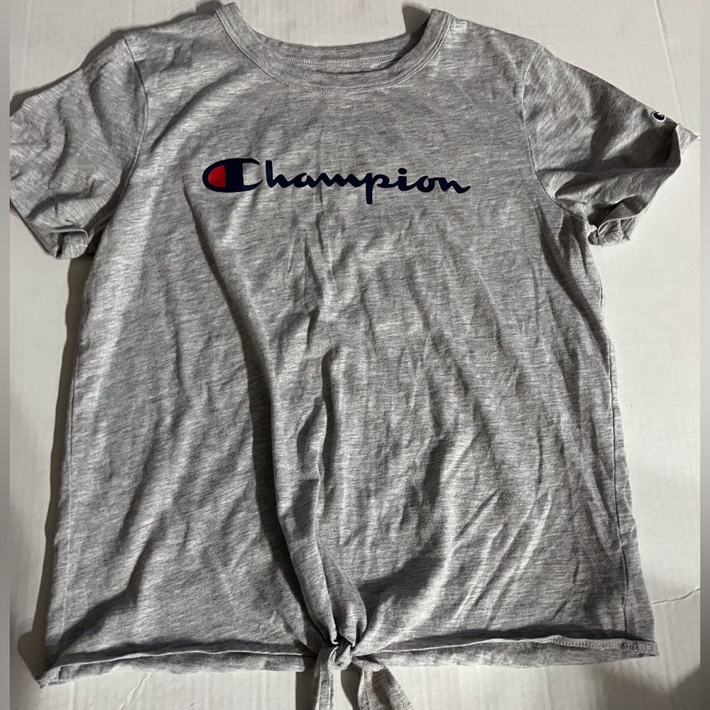 Champion Logo Girls Grey Short Sleve Tie Tee Shirt Size Large